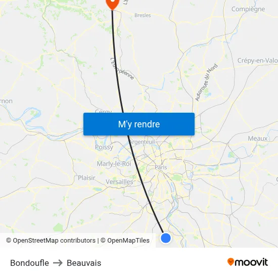 Bondoufle to Beauvais map