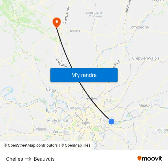Chelles to Beauvais map