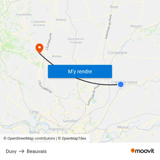 Duvy to Beauvais map