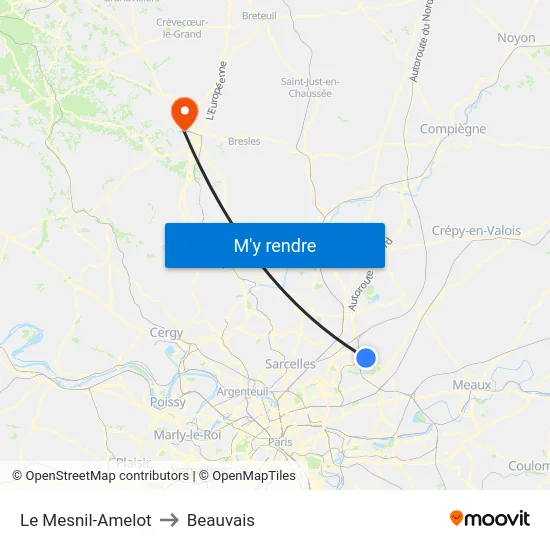 Le Mesnil-Amelot to Beauvais map