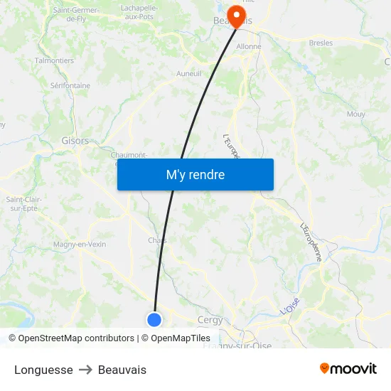 Longuesse to Beauvais map