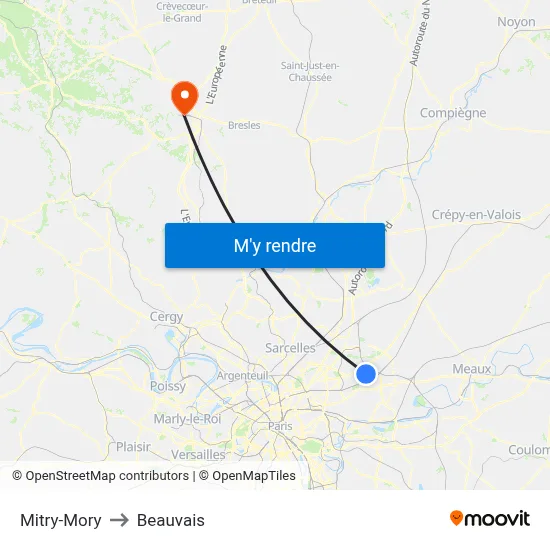Mitry-Mory to Beauvais map