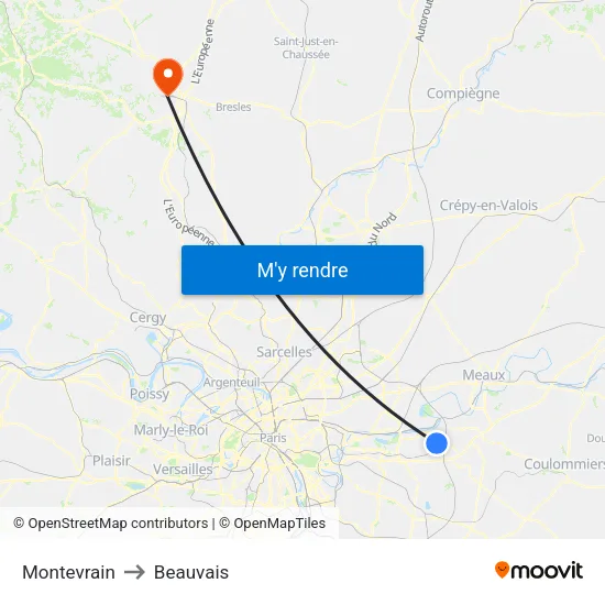 Montevrain to Beauvais map