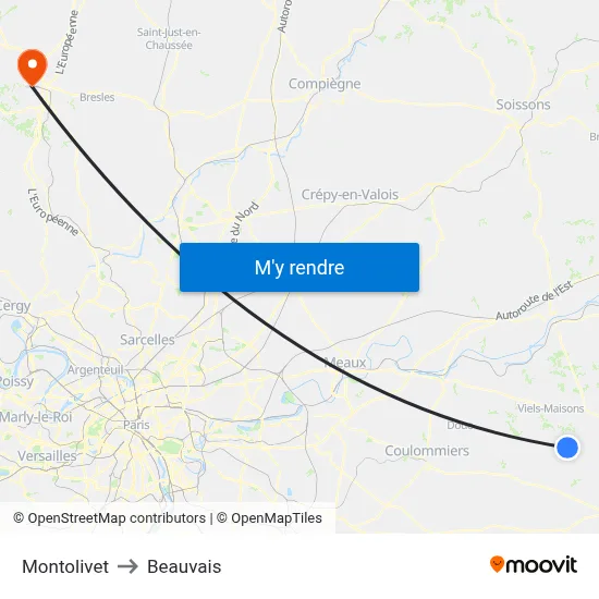 Montolivet to Beauvais map