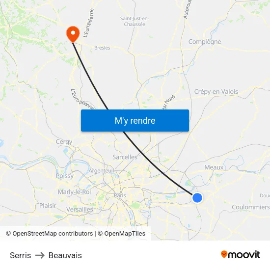 Serris to Beauvais map