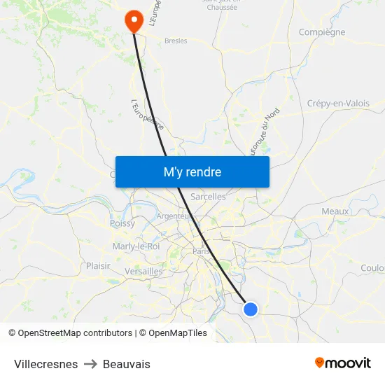 Villecresnes to Beauvais map