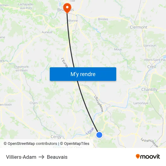 Villiers-Adam to Beauvais map