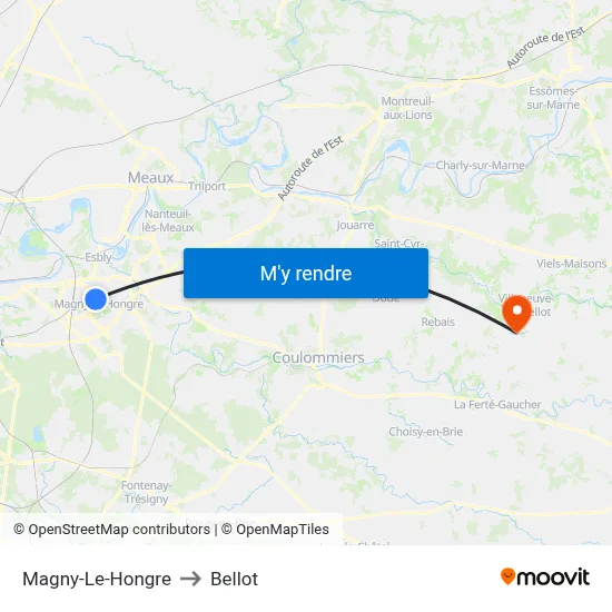 Magny-Le-Hongre to Bellot map