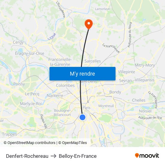 Denfert-Rochereau to Belloy-En-France map