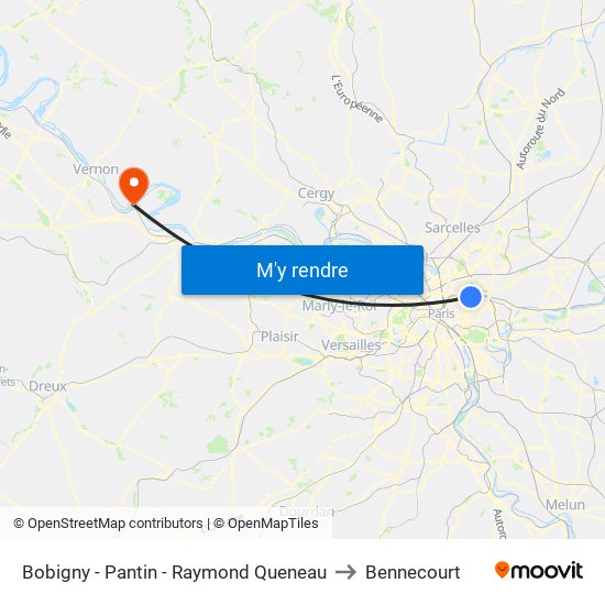 Bobigny - Pantin - Raymond Queneau to Bennecourt map