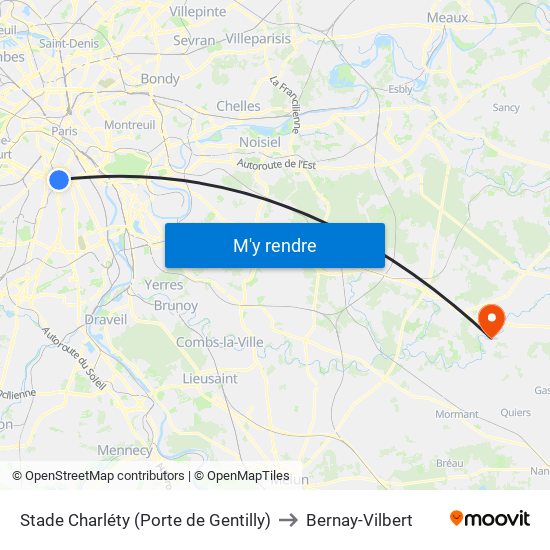 Stade Charléty (Porte de Gentilly) to Bernay-Vilbert map