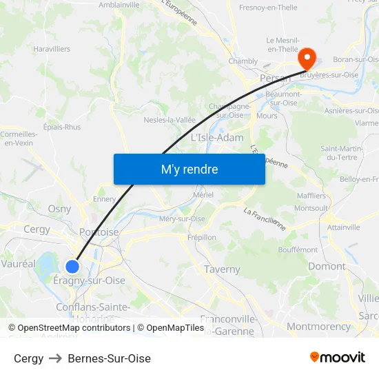 Cergy to Bernes-Sur-Oise map