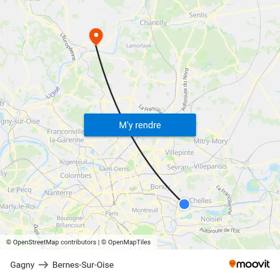 Gagny to Bernes-Sur-Oise map