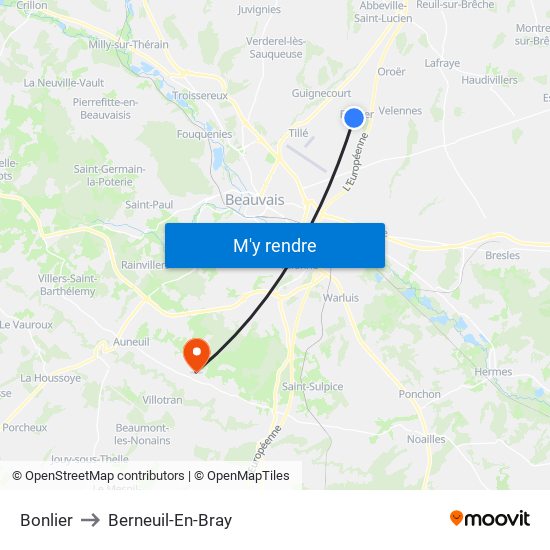 Bonlier to Berneuil-En-Bray map