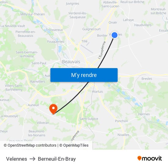 Velennes to Berneuil-En-Bray map