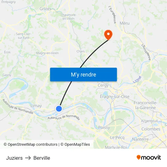 Juziers to Berville map