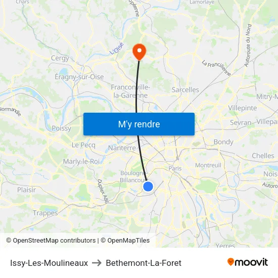 Issy-Les-Moulineaux to Bethemont-La-Foret map