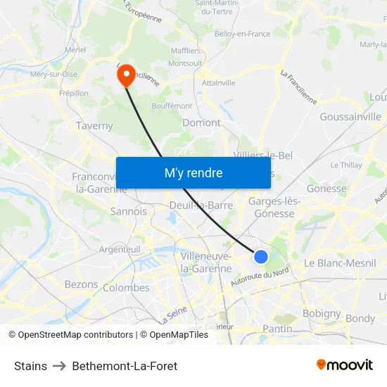Stains to Bethemont-La-Foret map