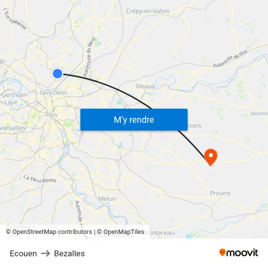 Ecouen to Bezalles map