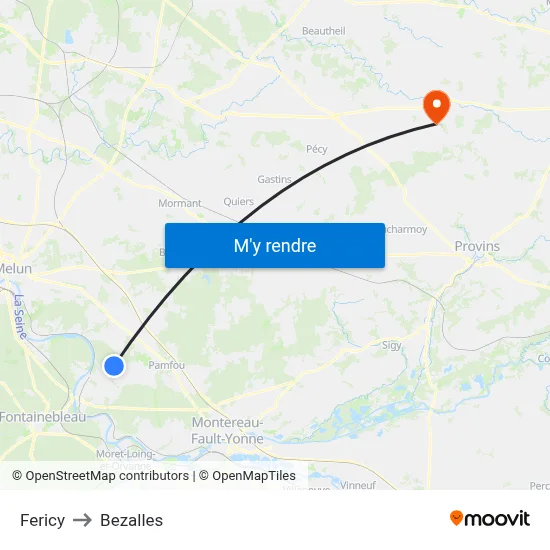 Fericy to Bezalles map