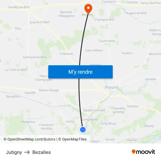 Jutigny to Bezalles map