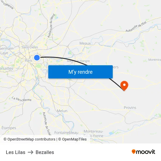Les Lilas to Bezalles map