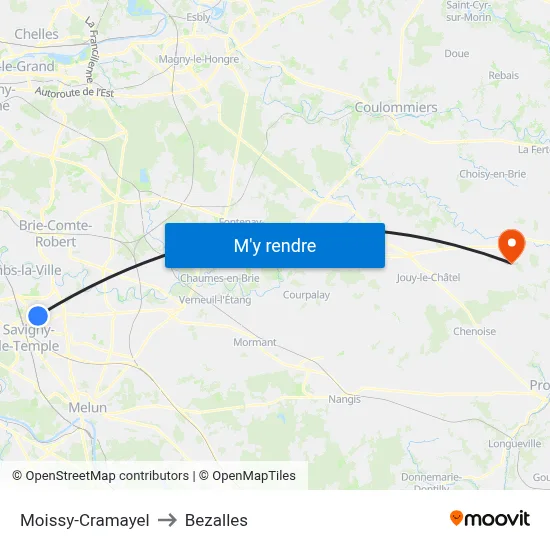 Moissy-Cramayel to Bezalles map