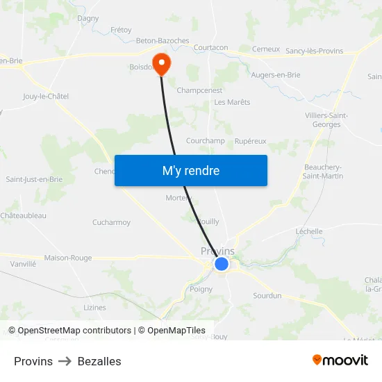 Provins to Bezalles map