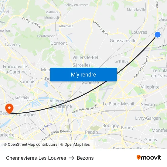 Chennevieres-Les-Louvres to Bezons map