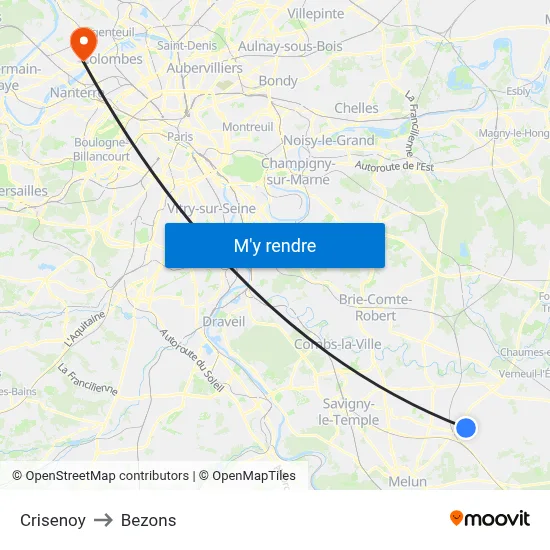 Crisenoy to Bezons map