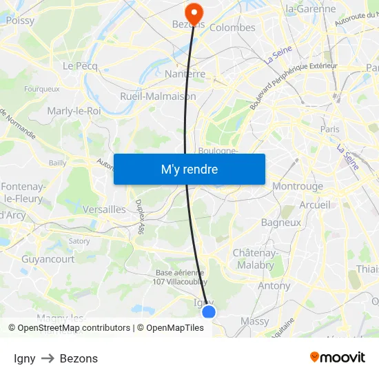 Igny to Bezons map
