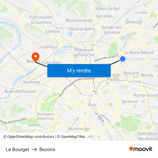 Le Bourget to Bezons map