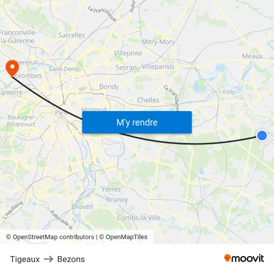 Tigeaux to Bezons map
