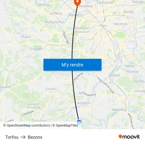 Torfou to Bezons map