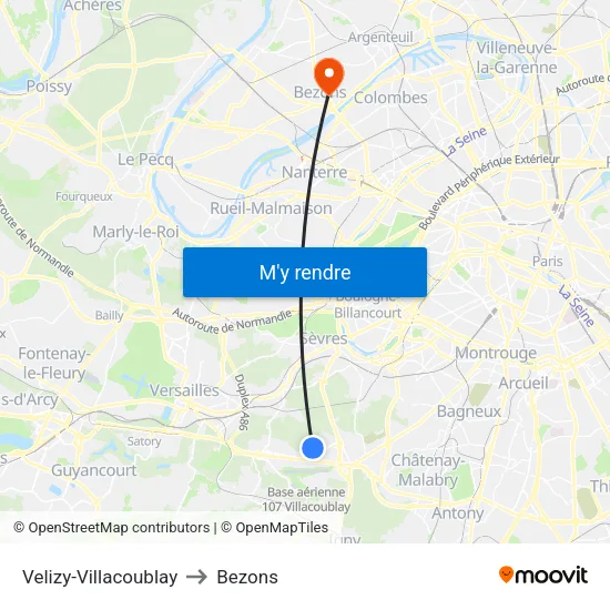 Velizy-Villacoublay to Bezons map