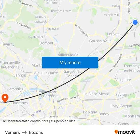 Vemars to Bezons map