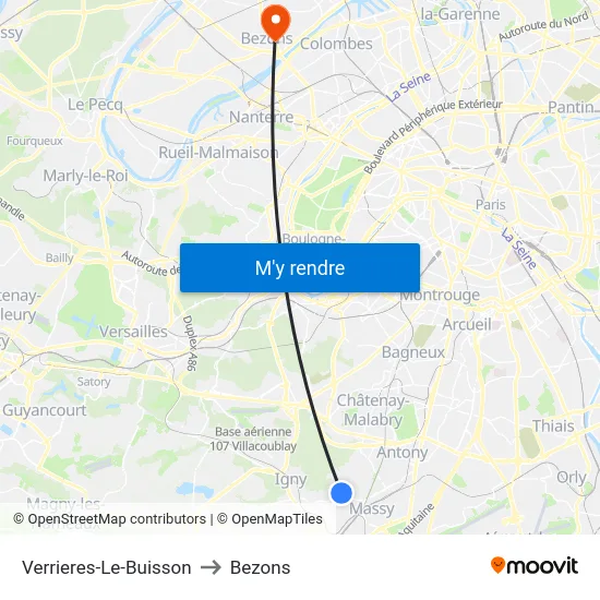 Verrieres-Le-Buisson to Bezons map