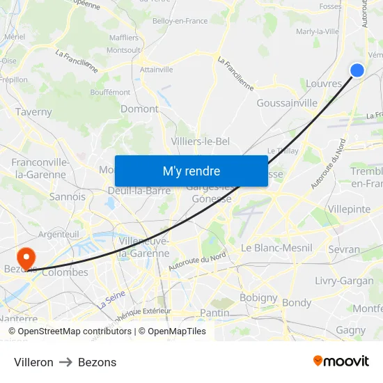 Villeron to Bezons map