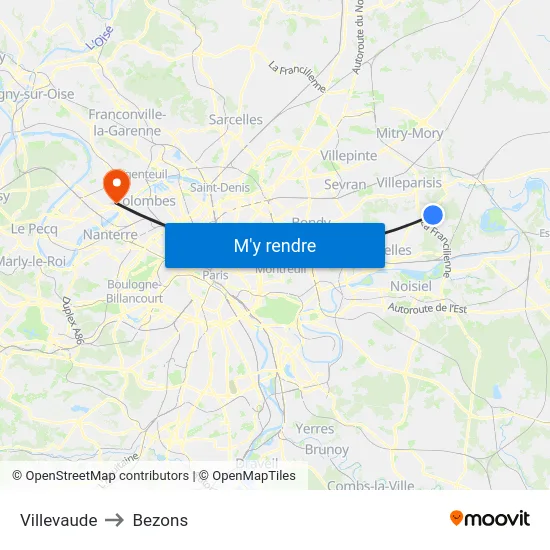 Villevaude to Bezons map