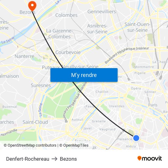 Denfert-Rochereau to Bezons map