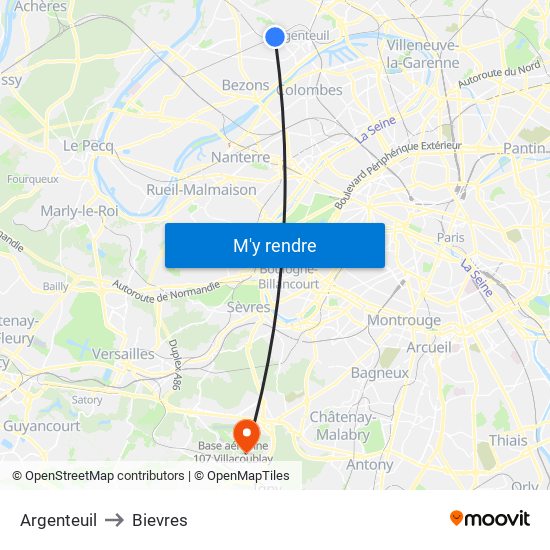 Argenteuil to Bievres map