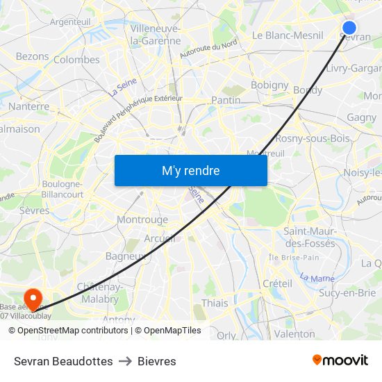Sevran Beaudottes to Bievres map