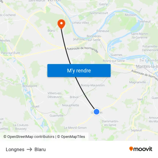 Longnes to Blaru map