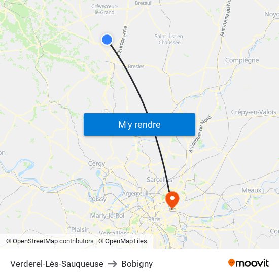 Verderel-Lès-Sauqueuse to Bobigny map