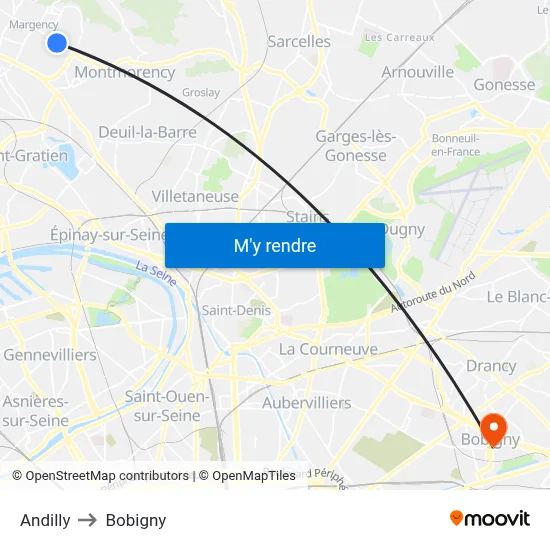 Andilly to Bobigny map