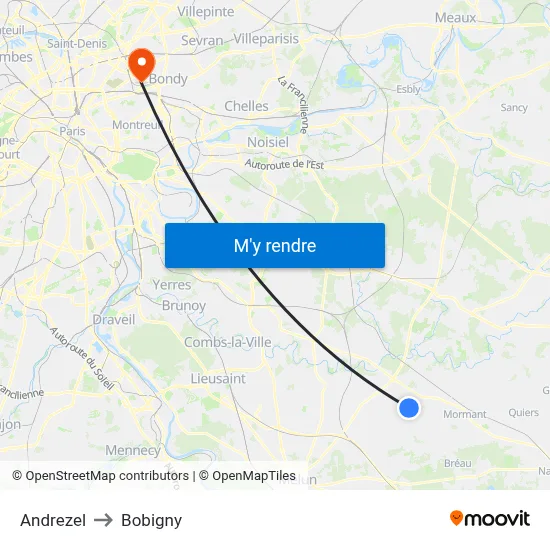 Andrezel to Bobigny map