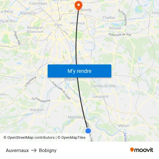 Auvernaux to Bobigny map