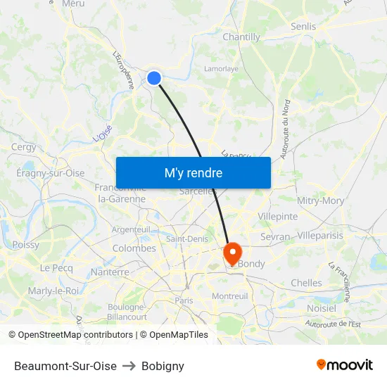 Beaumont-Sur-Oise to Bobigny map
