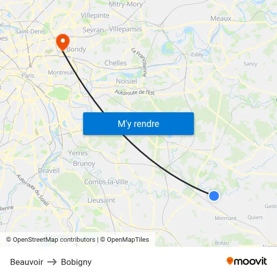 Beauvoir to Bobigny map