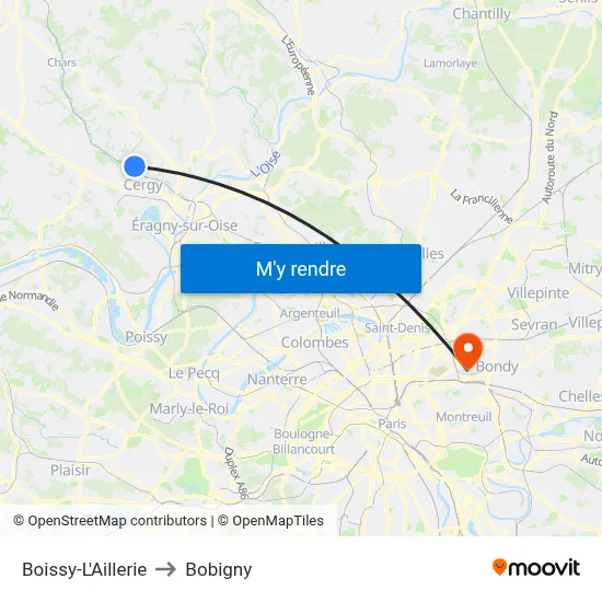 Boissy-L'Aillerie to Bobigny map